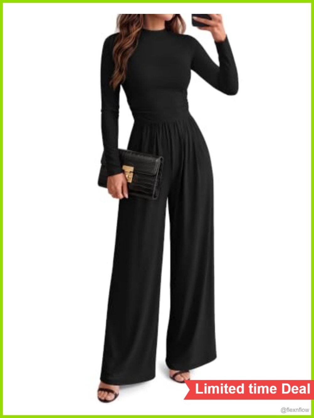 Women's Wide Leg Jumpsuit Mock Neck Ruched Waist Long Sleeve with Pockets